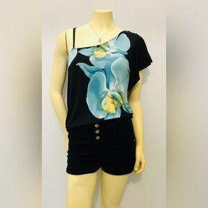 BCX Black One-Shoulder Top with Blue Floral Print